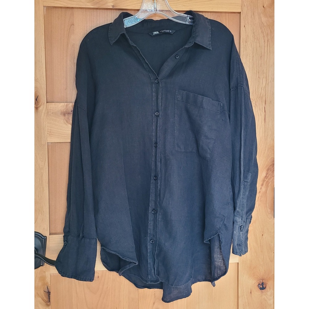 Zara‎ Sz Medium Black 100% Linen Oversized Button Shirt Minimalist Lagenlook